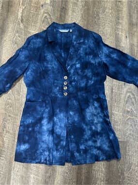 Soft Surroundings Eza Blue Tie Dye Linen Button Down Tunic Blazer Blouse Medium